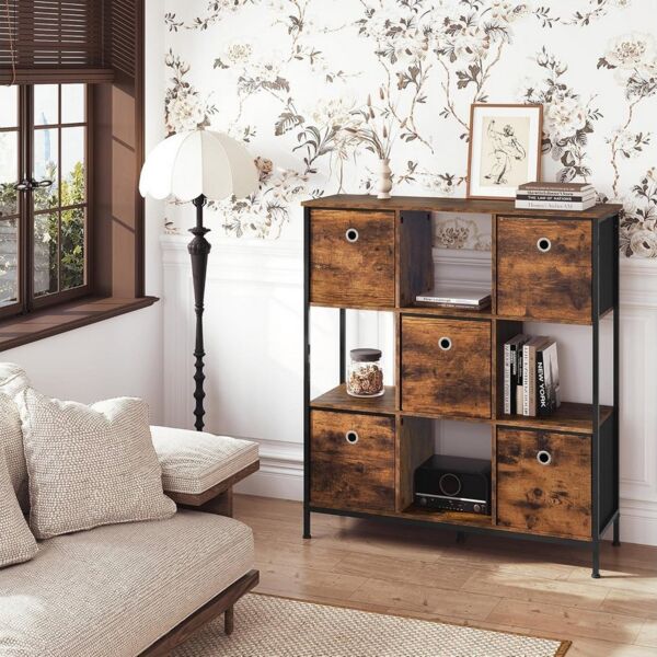 Woltu Bücherregal, mit 4 offenen Fächern, 5 Vliesstoff-Schubladen, Standregal 90x30x100cm