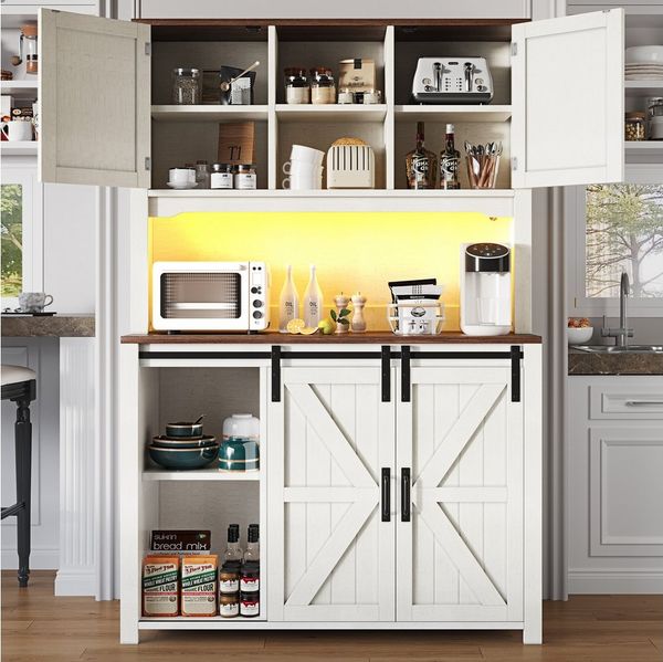 Flieks Küchenbuffet mit LED-Beleuchtung, 2 Schubladen und Schiebetüren (115×40×174,7 cm, 1-St) Hoschschrank Küchenschrank Buffetschrank mit verstellbare Ablagen