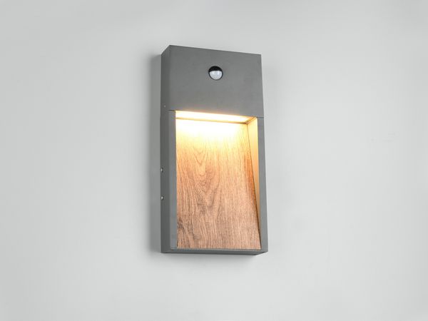 LED Außenwandleuchte SALMON mit Bewegungsmelder Anthrazit & Holzoptik, H 33cm