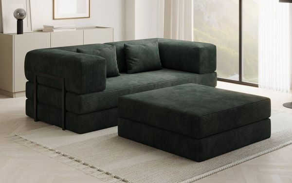 Luxusbetten24 Schlafsofa Lazy Spar-Set: 3-Sitzer in Cord + Hocker, mit umklappbarer Polsterfläche