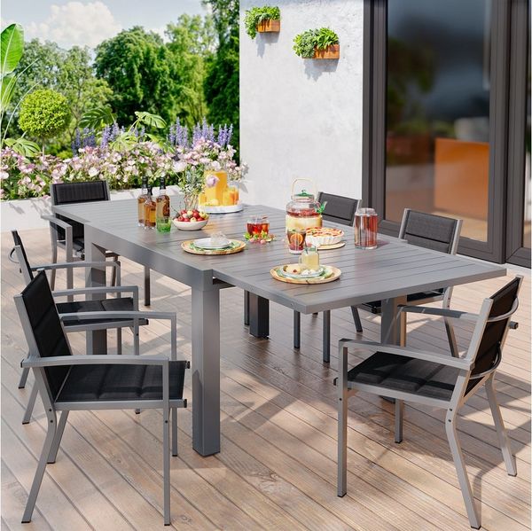 GUNJI Gartenstuhl Stapelstühle, Bequem, Korrosionsbeständigkeit Garten-essgruppe (verstärkter Alu-Outdoorstuhl, max Belastung 160 kg, stapelbar, leicht, Doppellagiger Sitzstoff), Aluminium-Gartentisch mit Klappbarer Tischplatte bis 100kg