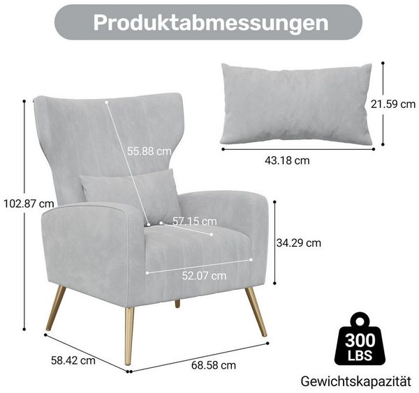HawthyHome Ohrensessel mit Samtbezug Moderner Loungesessel– Hohe Rückenlehne, Zierkissen, goldfarbene Metallfüße