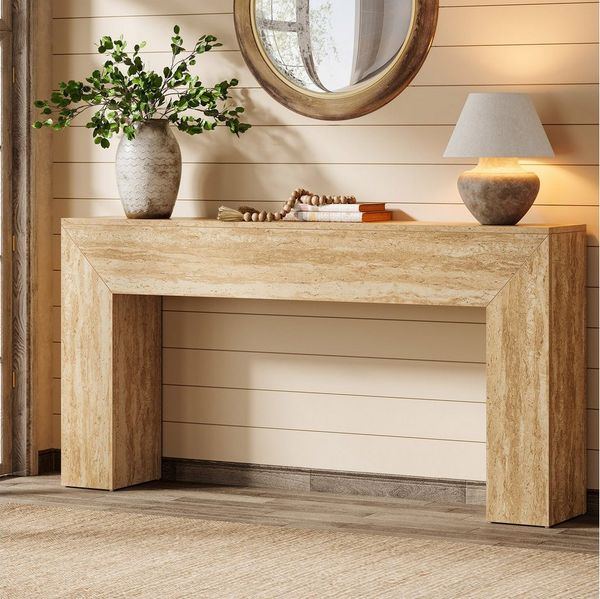 Tribesigns Konsolentisch 160 cm schmale Flurtisch, lange Sofatisch mit Kunst-Travertin Optik