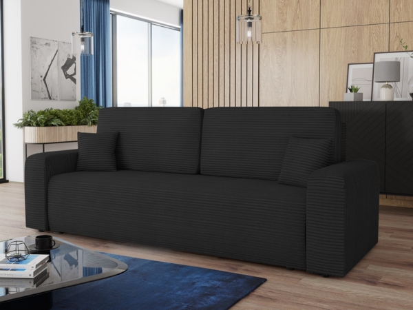 Schlafsofa Spark – Sofa mit Schlaffunktion und Bettkasten, Bonellfederkern, Cordbezug, große Schlaffläche, modernes Polstersofa & Bettsofa (Schwarz (Poso 135))