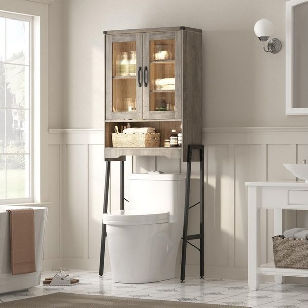 FiveWillowise Badregal Toilettenschrank Badezimmerschrank mit Glastüren und Metallständer, 1-tlg, Waschmaschinenschrank mit 5 verstellbaren Fächern