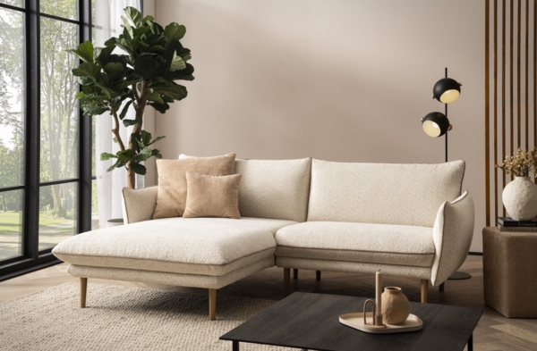 DOMO. collection Ecksofa 100 024, kleine Couch in L-Form, mit Taschenfederkern, bodenfreies Design, Holzfüße, Sofa, Polsterecke, Eckcouch, 222 x 159 x 86 cm (BxTxH), Farbe creme