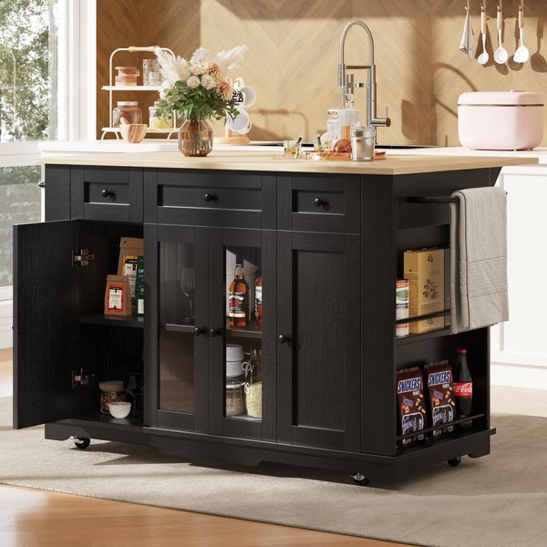 Kücheninsel 151,5x60x91,7 cm (ausfahrbar 151,5x85x91,7 cm), MDF-Holzmaserung, Glasfront, klappbare Seiten，Schwarz und Natürlich