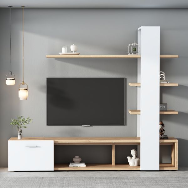 TV-Schrank-Set, 180x33,5x151,5 cm, Wohnwand in Eichenweiß mit Lowboard, offenen Regalen & Schranktür
