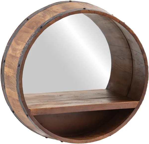 Badspiegel rund massivum 55x55x22 cm Wandspiegel Holzspiegel mit Ablage Fassdesign Gäste-WC Badezimmer Flurspiegel rustikal