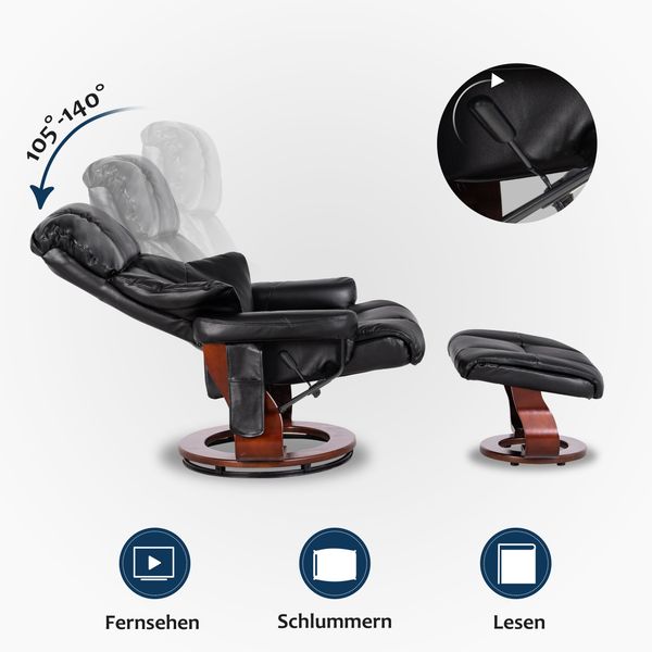 M MCombo Massagesessel mit Hocker, 360° drehbarer Relaxsessel mit Liegefunktion, moderner TV-Sessel Fernsehsessel mit Seitentasche für Wohnzimmer, Kunstleder, 9068 (Schwarz) Bild 2