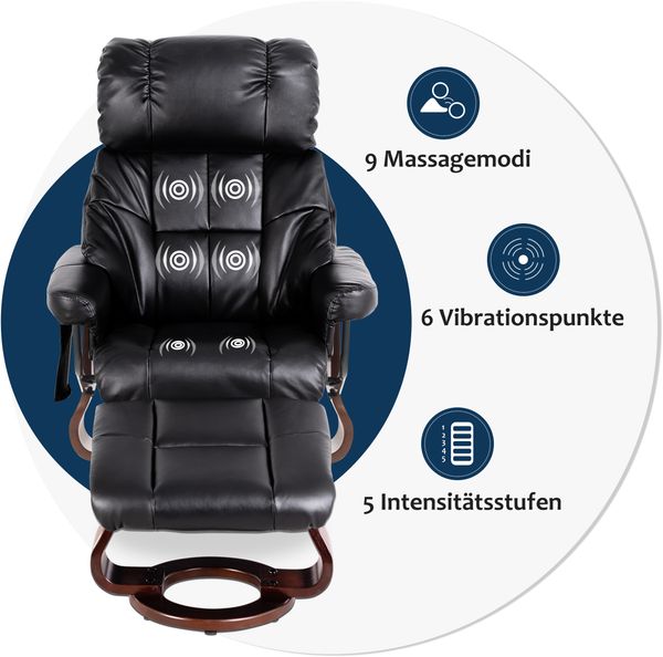 M MCombo Massagesessel mit Hocker, 360° drehbarer Relaxsessel mit Liegefunktion, moderner TV-Sessel Fernsehsessel mit Seitentasche für Wohnzimmer, Kunstleder, 9068 (Schwarz) Bild 4