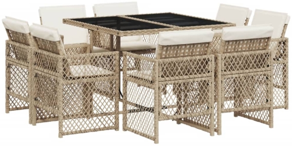 vidaXL 9-tlg. Garten-Essgruppe mit Kissen Beige Poly Rattan 3210838