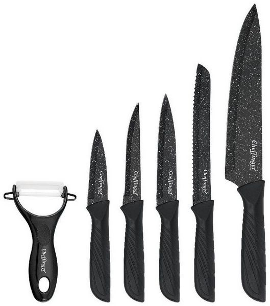 6-teiliges Messer-Set mit Schäler in Schwarz - kompakt, scharf & stilvoll