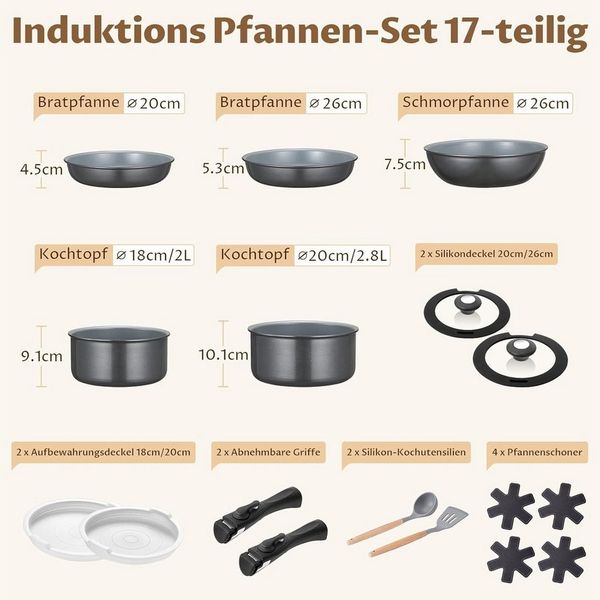 BEZIA Pfannen-Set Induktions Töpfe Set, Keramik Pfannenset mit abnehmbaren Griffen, Aluminium (17-tlg), natürliche Keramikbeschichtung, 30% Energieersparnis
