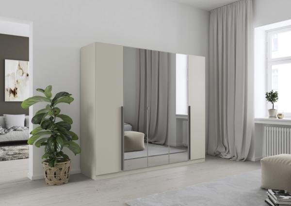 rauch Kleiderschrank Alba, Drehtürenschrank, Garderobenschrank, 5-türig, mit Spiegel, mit 3 Kleiderstangen und 3 Einlegeböden, Farbe Champagner, Beige, Griffstange Grau metallic, Schwarz, 226x197x54cm