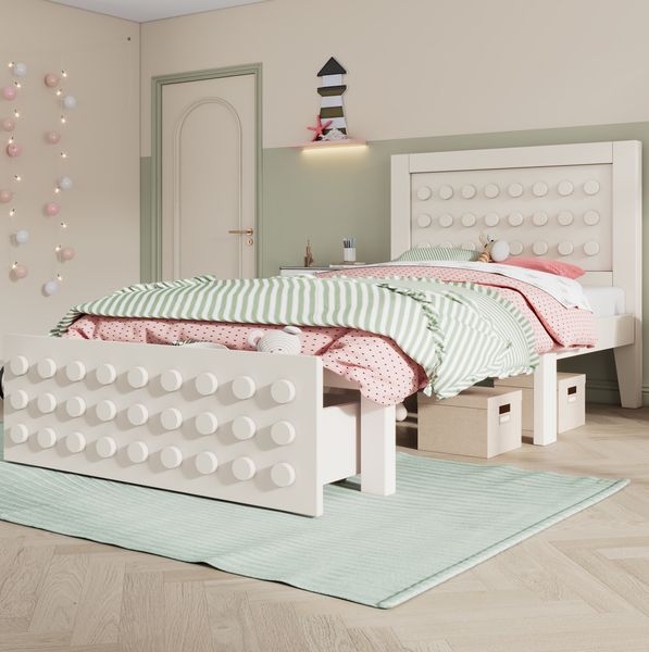Bett 90x200 cm mit Stauraum – Kinderbett mit Schublade und kreativem Block-Design, weiß