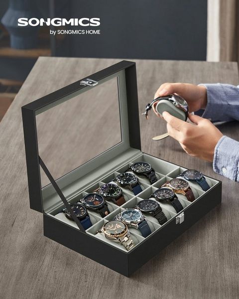 SONGMICS Uhrenbox mit 12 Fächern, Uhrenkasten, Glasdeckel, Uhrenkoffer mit herausnehmbaren Uhrenkissen, Premium-Uhrenschatulle, PU-Bezug in Schwarz, Samtfutter in Grüngrau BWJ12BK