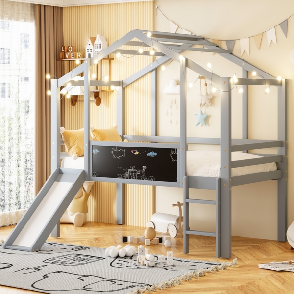 Graues Hochbett Mit Rutsche Und Tafel 90x200 Haus Design Massivholz Sicherheitsgeländer 120kg Tragkraft Kinderzimmer Spielbett Bild 1