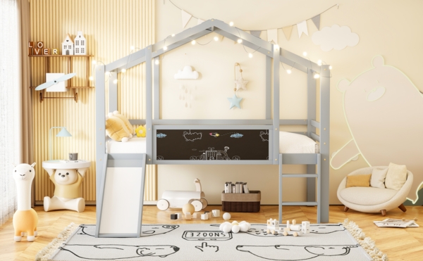 Graues Hochbett Mit Rutsche Und Tafel 90x200 Haus Design Massivholz Sicherheitsgeländer 120kg Tragkraft Kinderzimmer Spielbett Bild 4