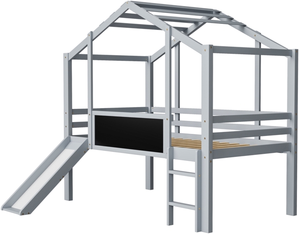 Graues Hochbett Mit Rutsche Und Tafel 90x200 Haus Design Massivholz Sicherheitsgeländer 120kg Tragkraft Kinderzimmer Spielbett Bild 9