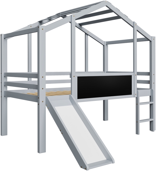 Graues Hochbett Mit Rutsche Und Tafel 90x200 Haus Design Massivholz Sicherheitsgeländer 120kg Tragkraft Kinderzimmer Spielbett Bild 10