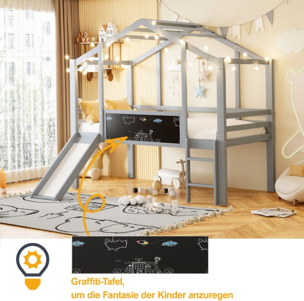 Graues Hochbett Mit Rutsche Und Tafel 90x200 Haus Design Massivholz Sicherheitsgeländer 120kg Tragkraft Kinderzimmer Spielbett Bild 3