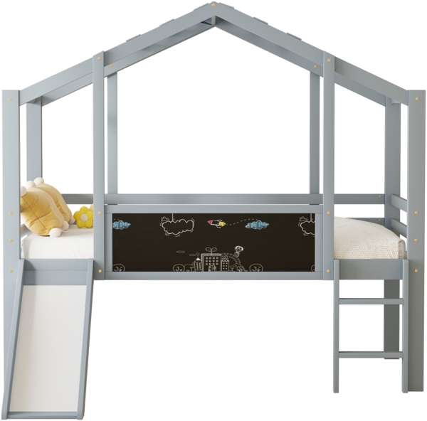 Graues Hochbett Mit Rutsche Und Tafel 90x200 Haus Design Massivholz Sicherheitsgeländer 120kg Tragkraft Kinderzimmer Spielbett Bild 7