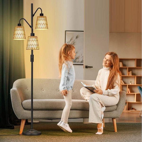 Jibenhome Stehlampe Boho Rattan Standleuchte, mit 3-flammige für Schlafzimmer Büro Wohnzimmer