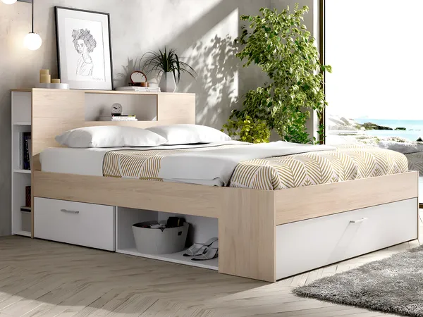 Vente-unique - LEANDRE Bett Holz, Platte BeigeWeiß - B 149,6 cm x H 95 cm x L 218,5 cm