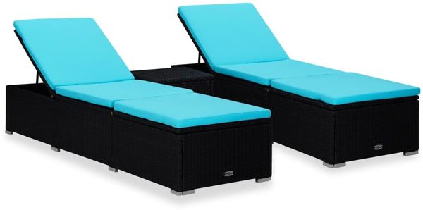 3-tlg. Garten-Sonnenliegen, Gartenmöbel mit Teetisch Poly Rattan Schwarz
