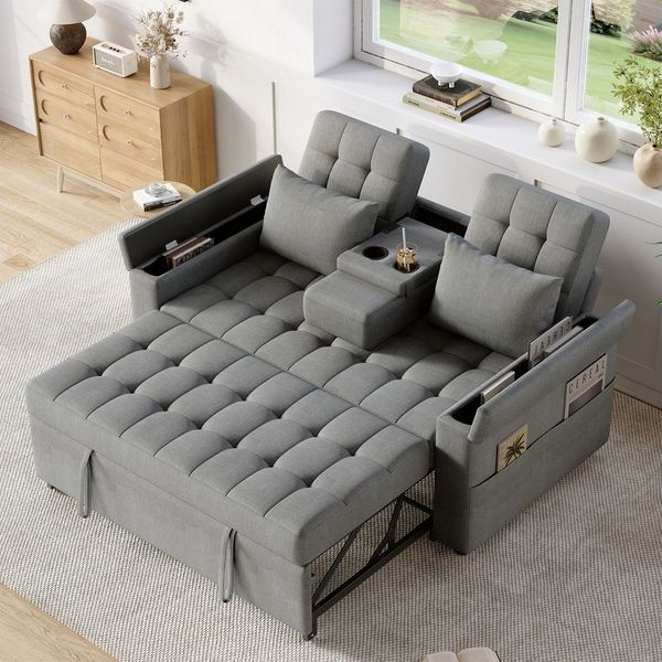 Merax Schlafsofa mit Schlaffunktion & verstellbarer Rückenlehne (108°/138°/180), Baumwoll-Leinen, 159×142,5×92cm 1 Teile, 2-Sitzer Sofa Klappsofa mit Armlehnen-Staufächer, 2 Kissen & Stauraum