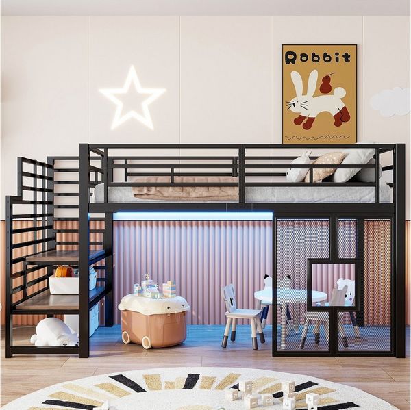 Merax Hochbett mit LED-Beleuchtung (1-St, Jugendbett Einzelbett Hausbett) Metallbett Kinderbett 90x200cm mit Treppe, Stauraum & Fenster