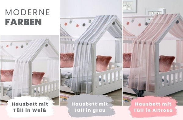 Ticaa Hausbett Kim mit Rausfallschutz und Zusatzbett aus Kiefer, Kinderbett 140x200, inkl. Tüll-Set, mit Rollrost, mit 2 Matratzen Bild 2