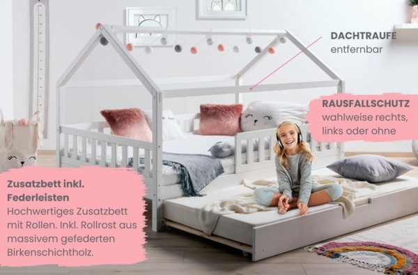 Ticaa Hausbett Kim mit Rausfallschutz und Zusatzbett aus Kiefer, Kinderbett 140x200, inkl. Tüll-Set, mit Rollrost, mit 2 Matratzen Bild 3