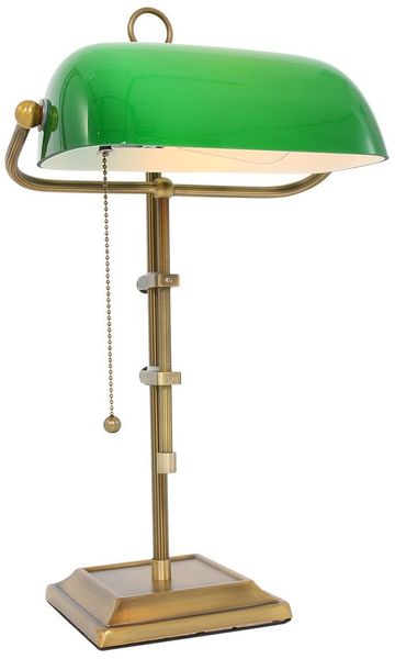 LED Banker Tischlampe, Altmessing, Glasschirm grün, H 57 cm