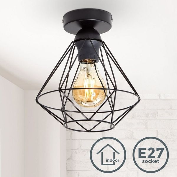 B.K.Licht Deckenleuchte Retro Deckenlampe Draht 1-flammig max. 40 Watt - BKL1234, ohne Leuchtmittel, 3000K - Warmweiß, Vinatge Drahtleuchte Stahl Ø220mm Industrial E27 Fassung schwarz-matt