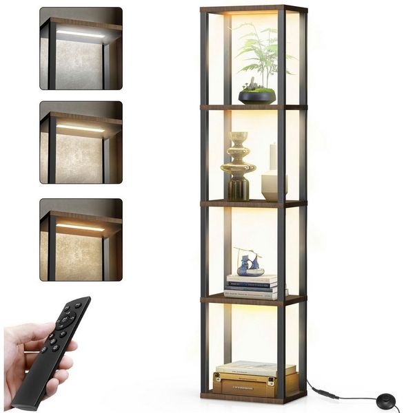 XERSEK Stehlampe Dimmbar LED Stehleuchte Bücherregal Regal aus Holz App Fernbedienung, 5 Ebenen Eckregal, 164*38cm, Warmweiße / Kaltweiße