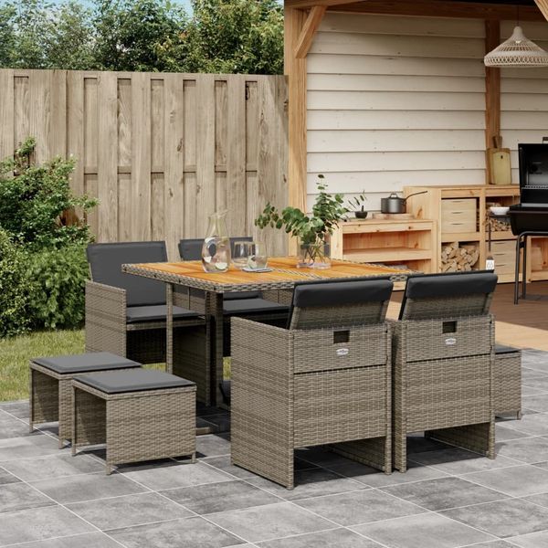 vidaXL 9-tlg. Garten-Essgruppe mit Kissen Grau Poly Rattan 3210602