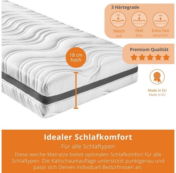 sleepling 190144 Federkernmatratze Comfort 130 | Taschenfederkern Matratze | 7-Zonen Kaltschaum Auflage | Härtegrad 2 | Made in EU | Wendegriffe | Ökotex | 60 Grad waschbar | 100 x 200 x 18 cm, weiß