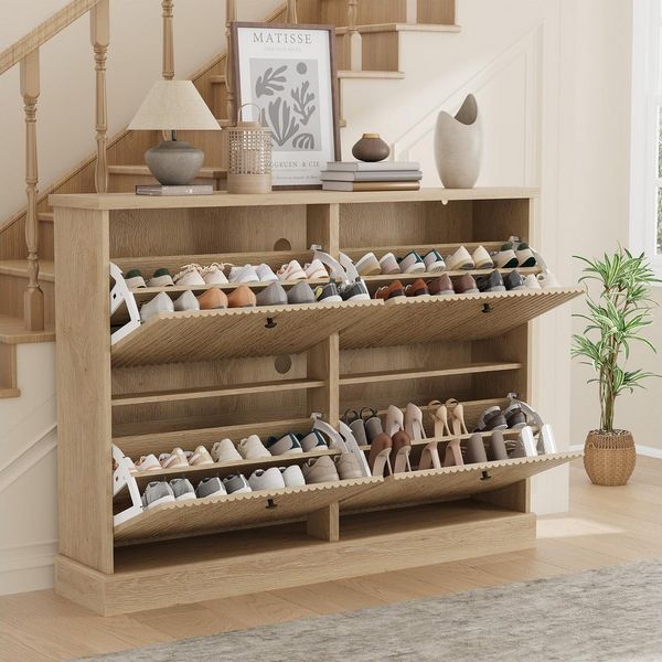 GarveeMore Schuhschrank Moderner Rillenprofil mit 4 Klappschubladen verstellbare Einlegeböden (1-St) 120 x 25 x 90 cm Versteckter Schuhstauraum Schuhregal für 18–24 Paar Schuhe
