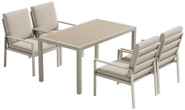 MeXo Gartenlounge-Set Gartenmöbel Set Aluminium Outdoor, (Garten-Essgruppe für 4 Personen, 5-tlg, mit Polywood Tisch & Auflagen), wetterfest für Terrasse & Garten