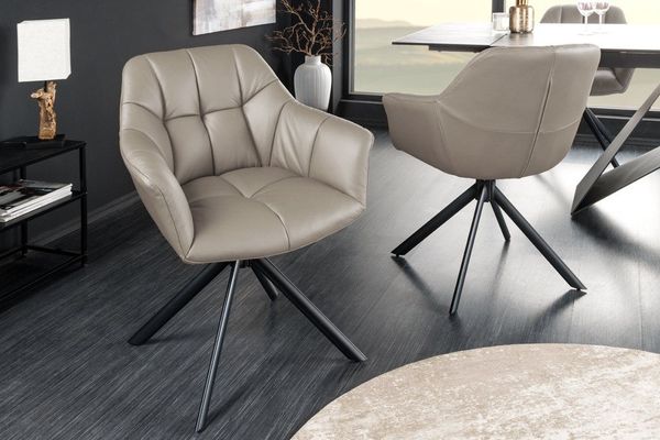 riess-ambiente Polsterstuhl PAPILLON taupe/schwarz – Echtleder, Metall, mit Armlehne, Steppung (Einzelartikel, 1 St), 180° drehbar & automatischer Rückführung – ideal für Esszimmer & Büro