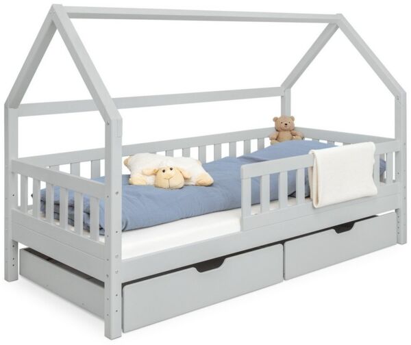 Ehrenkind Hausbett Lille aus massivem Kiefernholz (mit abnehmbarem Rausfallschutz aus massivem Holz, Erhältlich in Natur und Weiß Kinderbett 80x160/90x200 cm), höhenverstellbar, nachhaltiges Kiefernholz, hergestellt in Europa