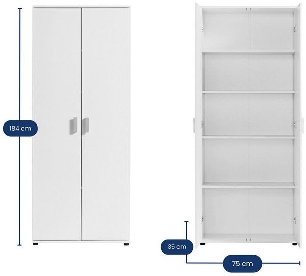 Home Collective Mehrzweckschrank 75 cm breit mit Einlegeböden 75x35x184 cm (BxTxH) Weiß mit 2 Türen & 4 Einlegeböden