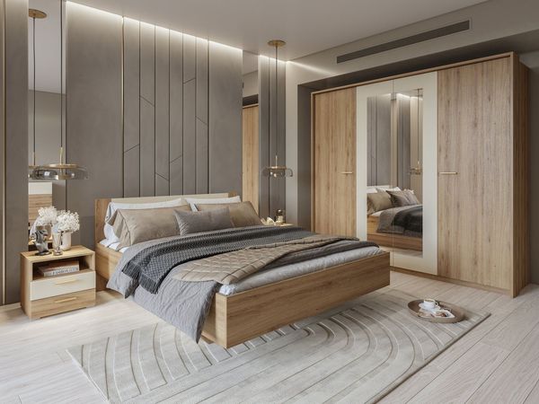Home affaire Schlafzimmer-Set Bitry,Set 4-St(Bett 180 cm, 2xNako, Drehtürenschrank), Komplettschlafzimmer, viel Stauraum, fühlbare Struktur, Holzoptik