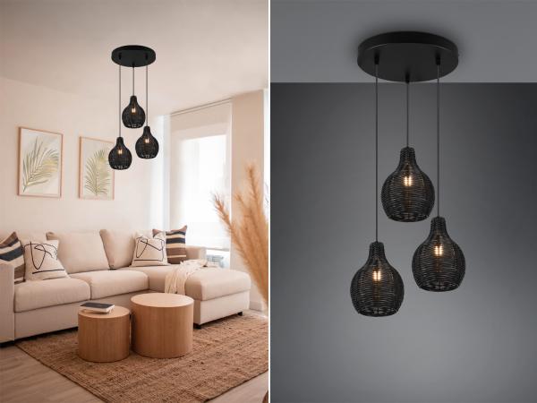 Pendelleuchte SPROUT Rattan Geflecht Schwarz 3 flammig im Boho Stil Ø 39cm