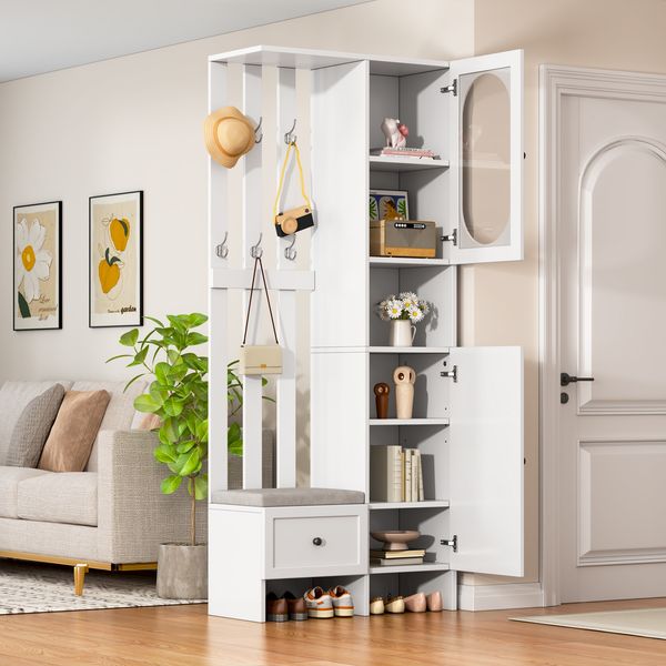 Garderoben-Set, Kompakt mit 2 Schränken, Aufbewahrungsschrank aus gehärtetem Glas mit Schuhbank und Polster, MDF + Glas, Weiß, 85×33.5×200 cm
