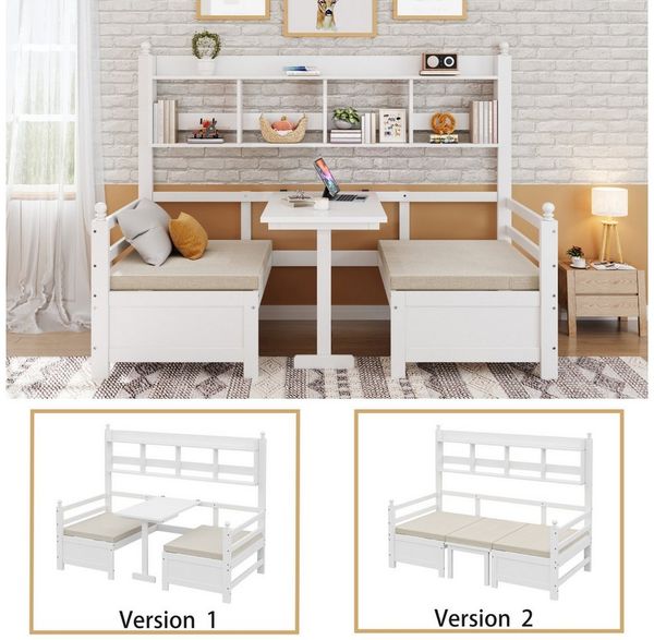 MC Star Schlafsofa Multifunktionales Massivholz200x90 cm, 2-in-1 Bett und Schreibtisch, Frei Umbaubar, Mit Bücherregal Zur Aufbewahrung, Mit Bequemen Kissen, Gästebett Einzelholzbett, Grau