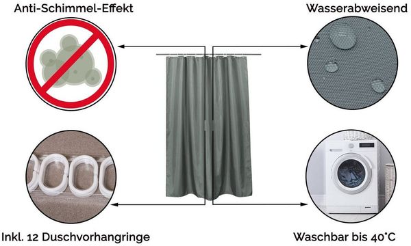 ZOLLNER Duschvorhang Breite 180 cm (Set), 100% Polyester, Anti-Schimmel-Effekt