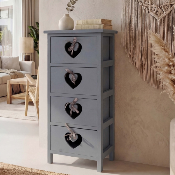 Kommode Forli, Schubladenkommode Schrank, 4 Schubladen mit Herzen 70x29x25cm, Shabby-Look, Vintage ~ grau-blau